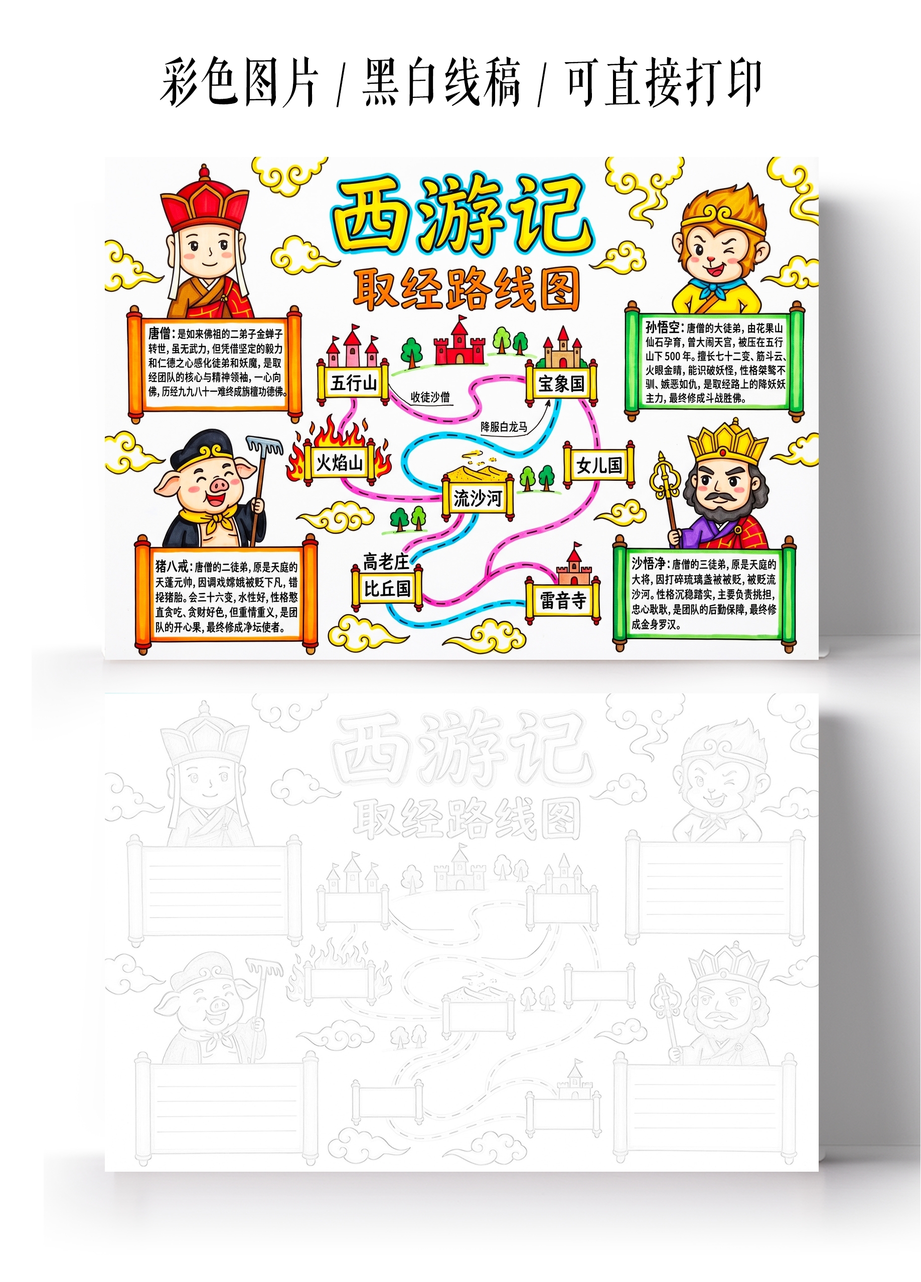 彩色卡通手绘西游记取经路线图手抄报小报小学生手抄报