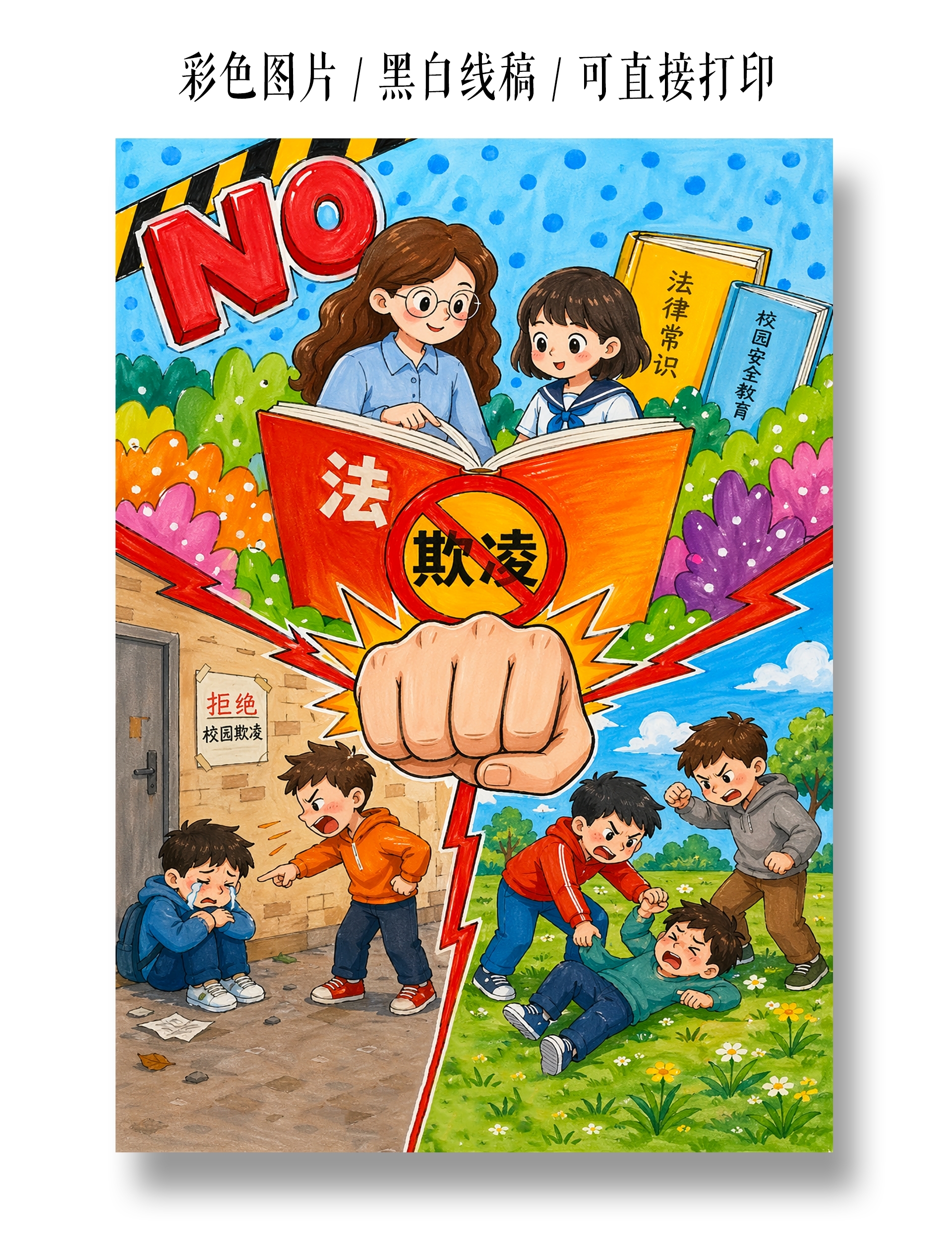 彩色卡通手绘防欺凌小报手抄报小学生手抄报