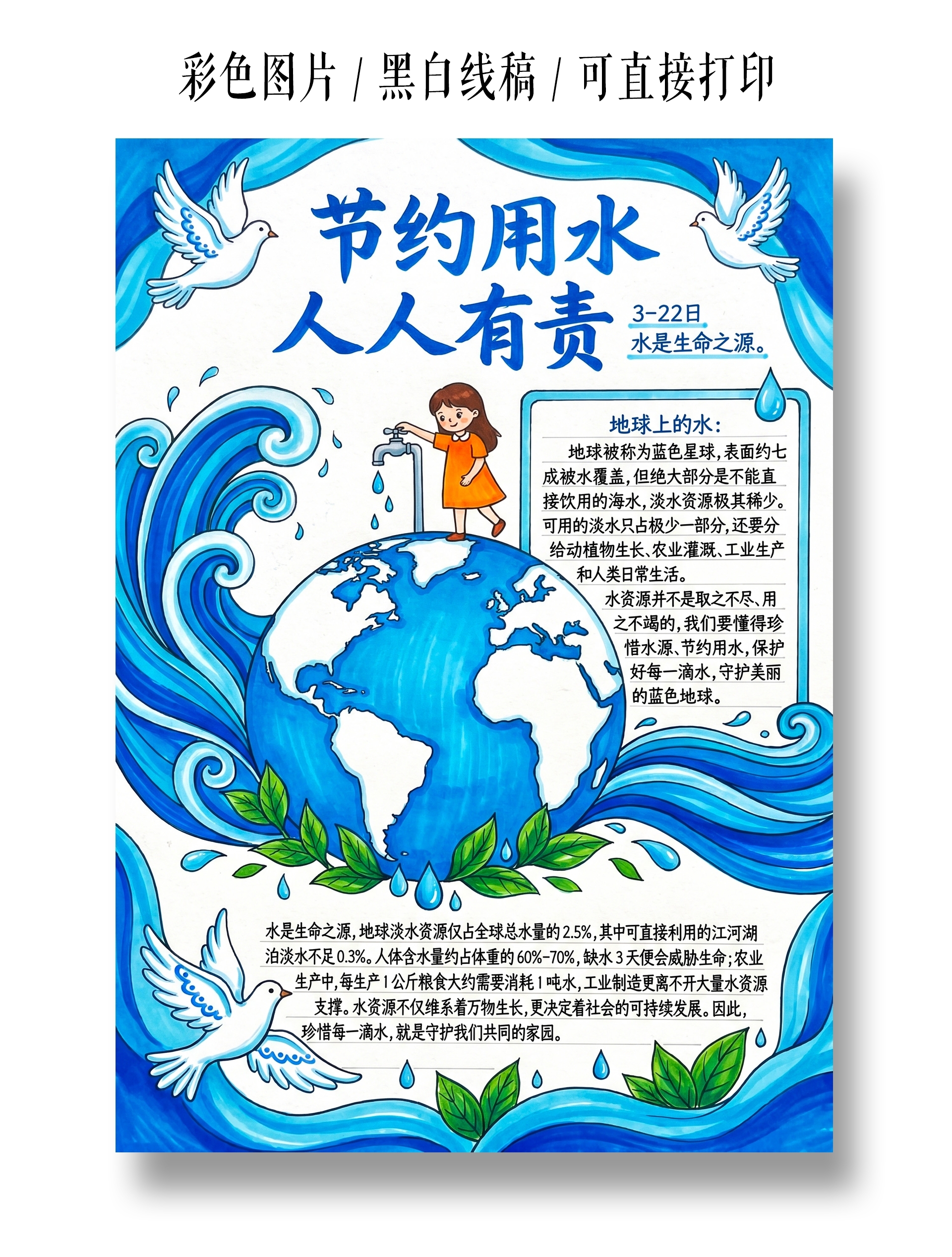 彩色卡通手绘节约用水人人有责小报手抄报小学生手抄报
