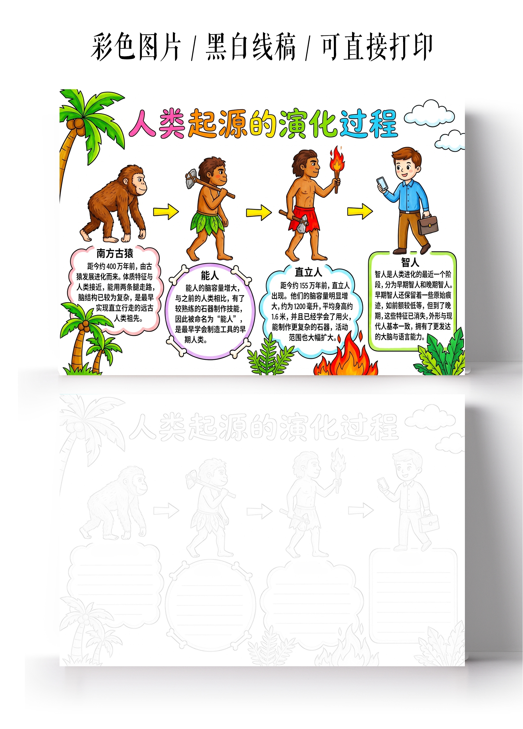 彩色卡通手绘人类起源的演化过程小报手抄报小学生手抄报