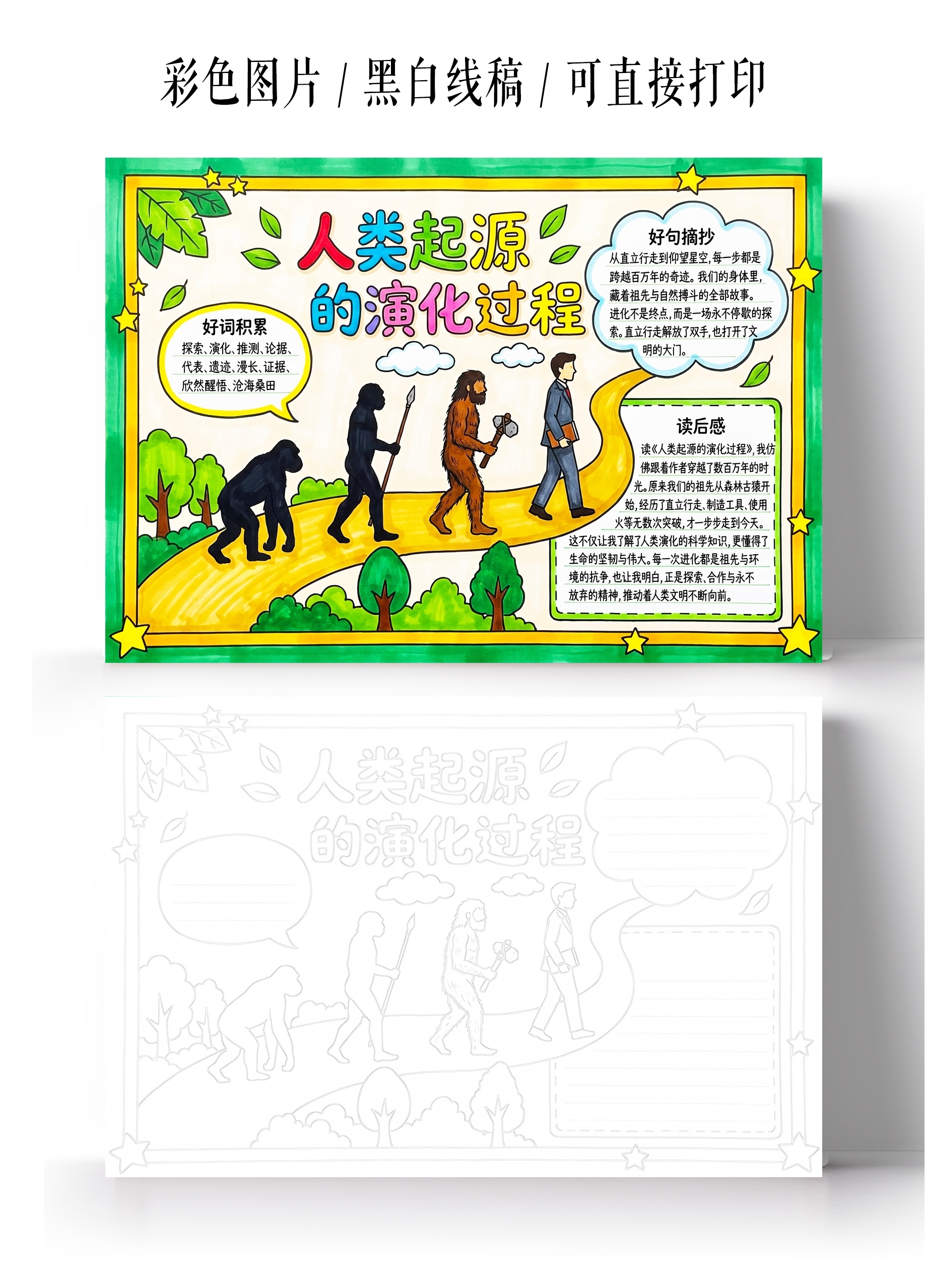 彩色卡通手绘人类起源的演化过程小报手抄报小学生手抄报