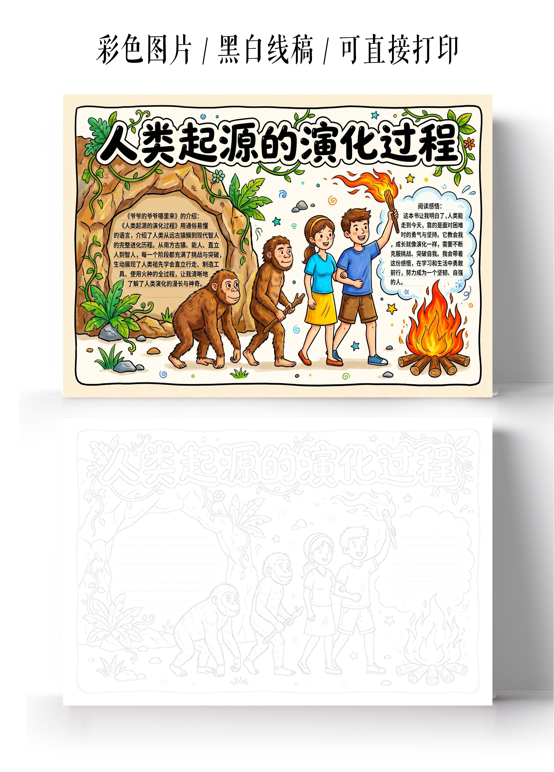 彩色卡通手绘人类起源的演化过程小报手抄报小学生手抄报