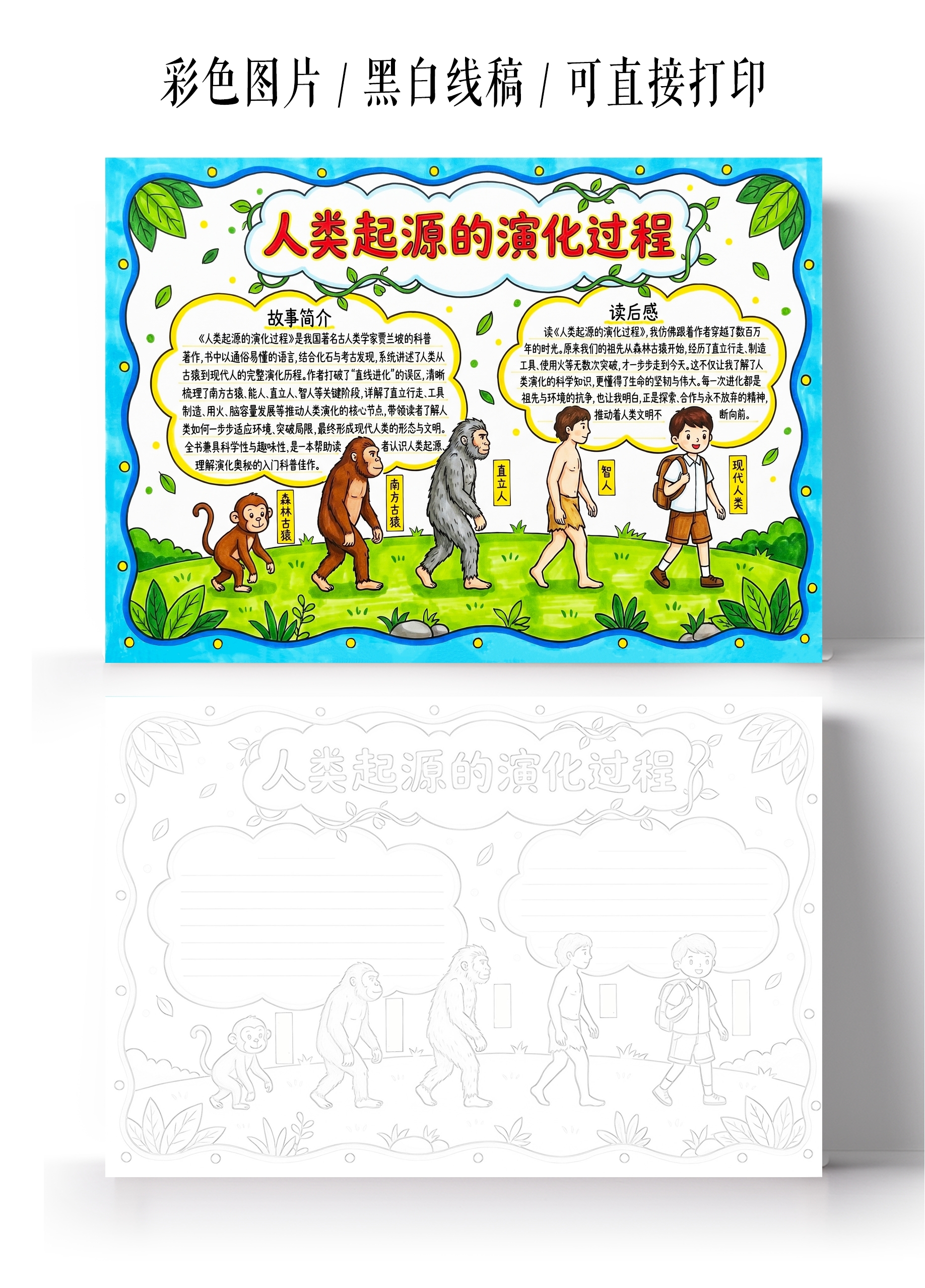 彩色卡通手绘人类起源的演化过程小报手抄报小学生手抄报
