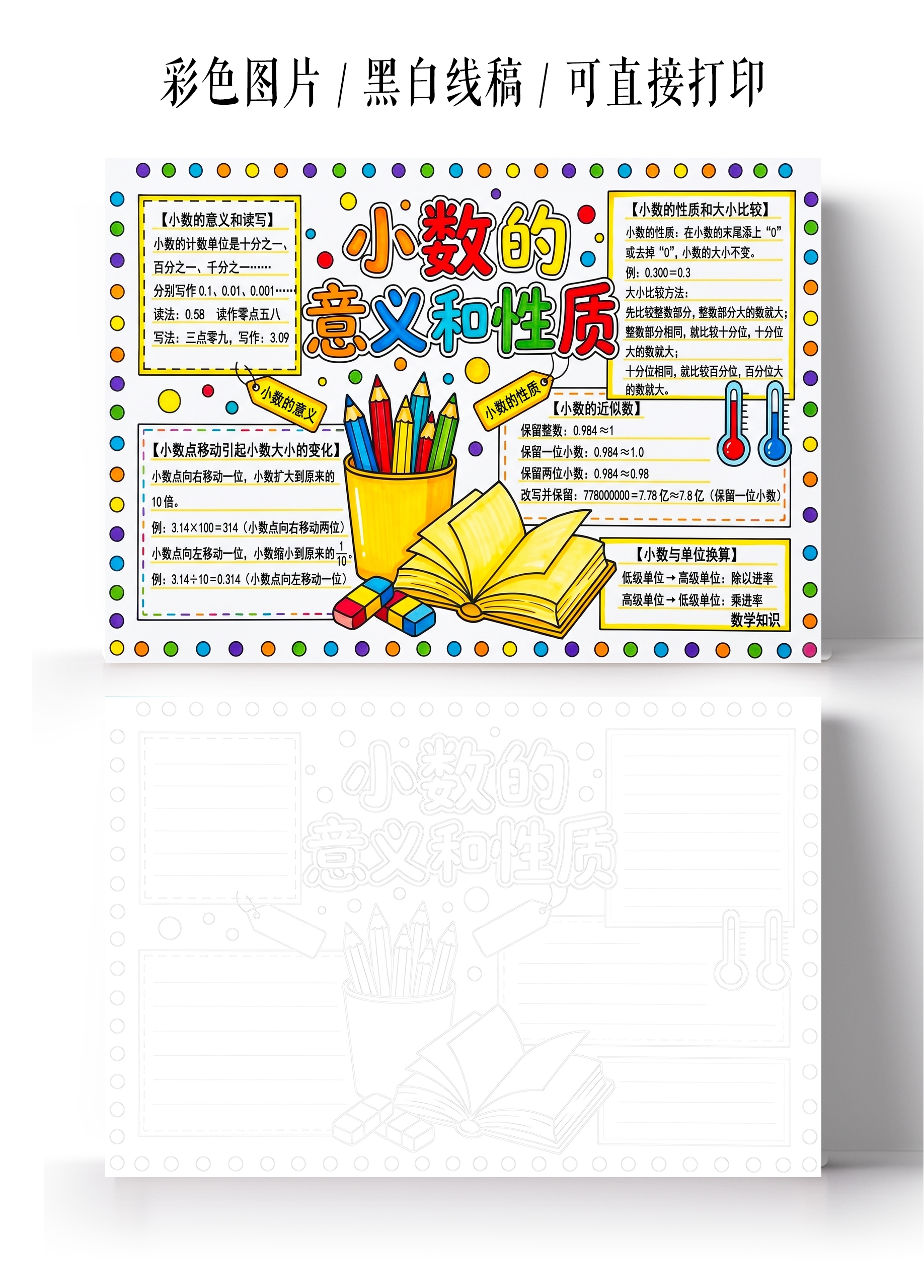 彩色卡通手绘小数的意义和性质小报手抄报小学生手抄报