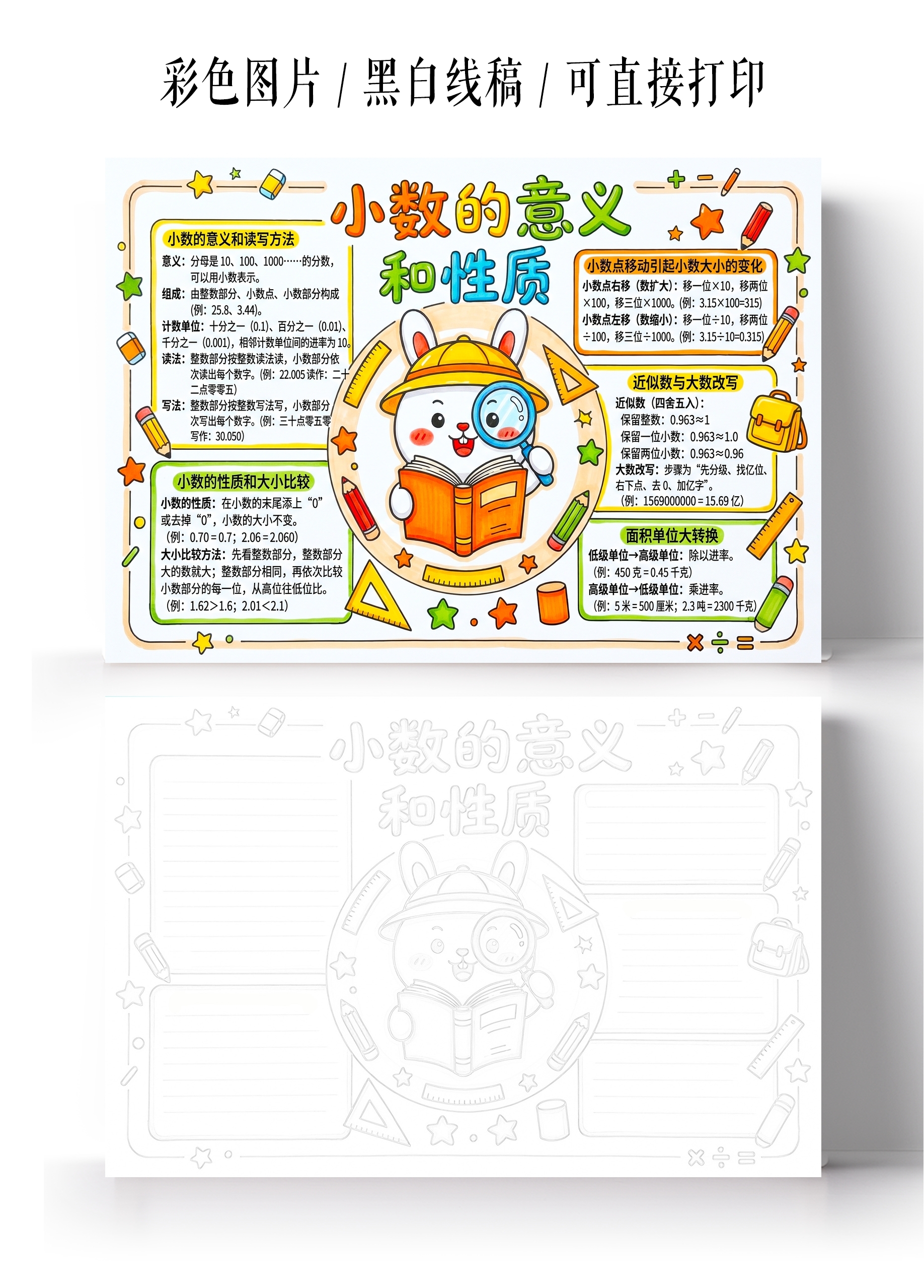 彩色卡通手绘小数的意义和性质小报手抄报小学生手抄报