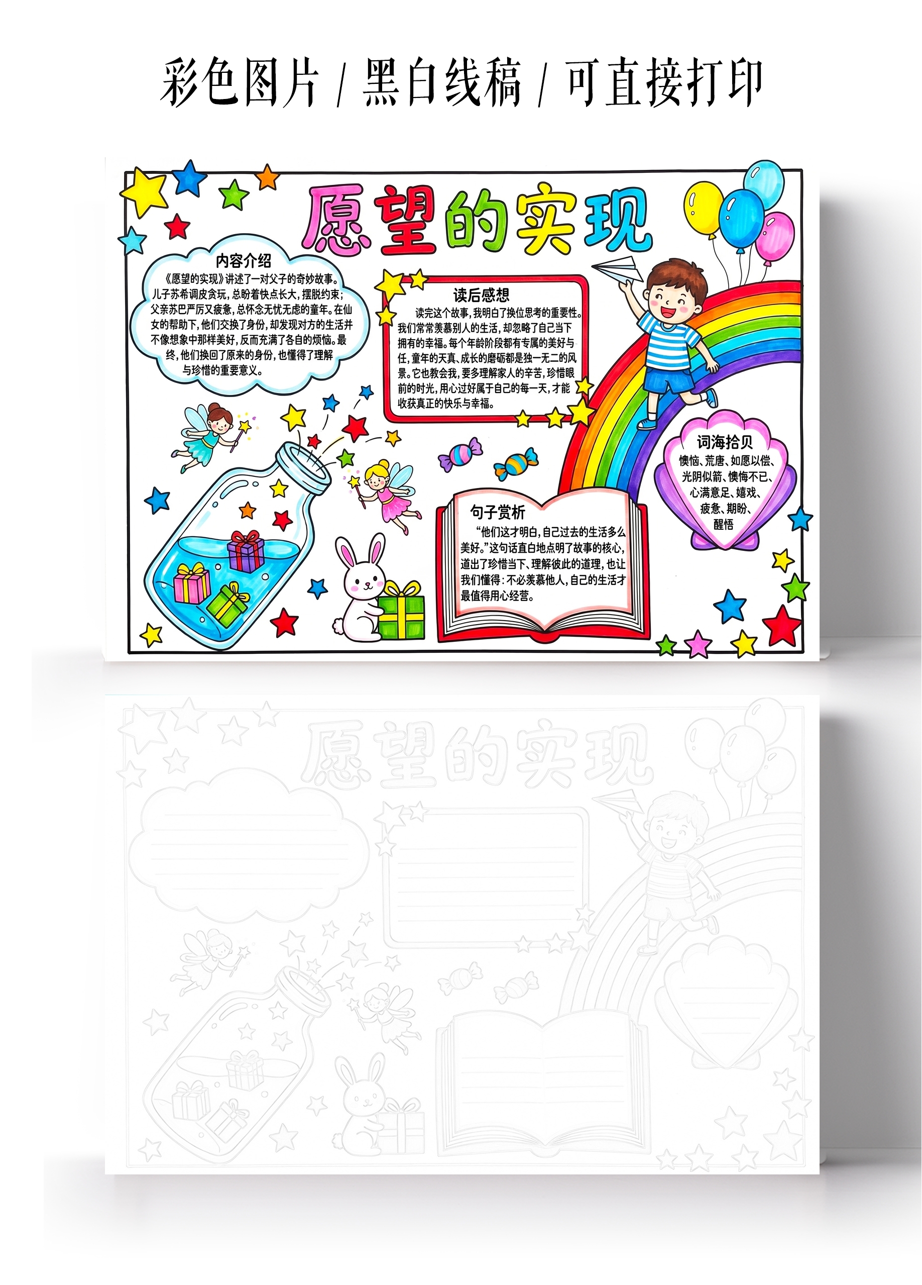 彩色卡通手绘愿望的实现小报手抄报小学生手抄报
