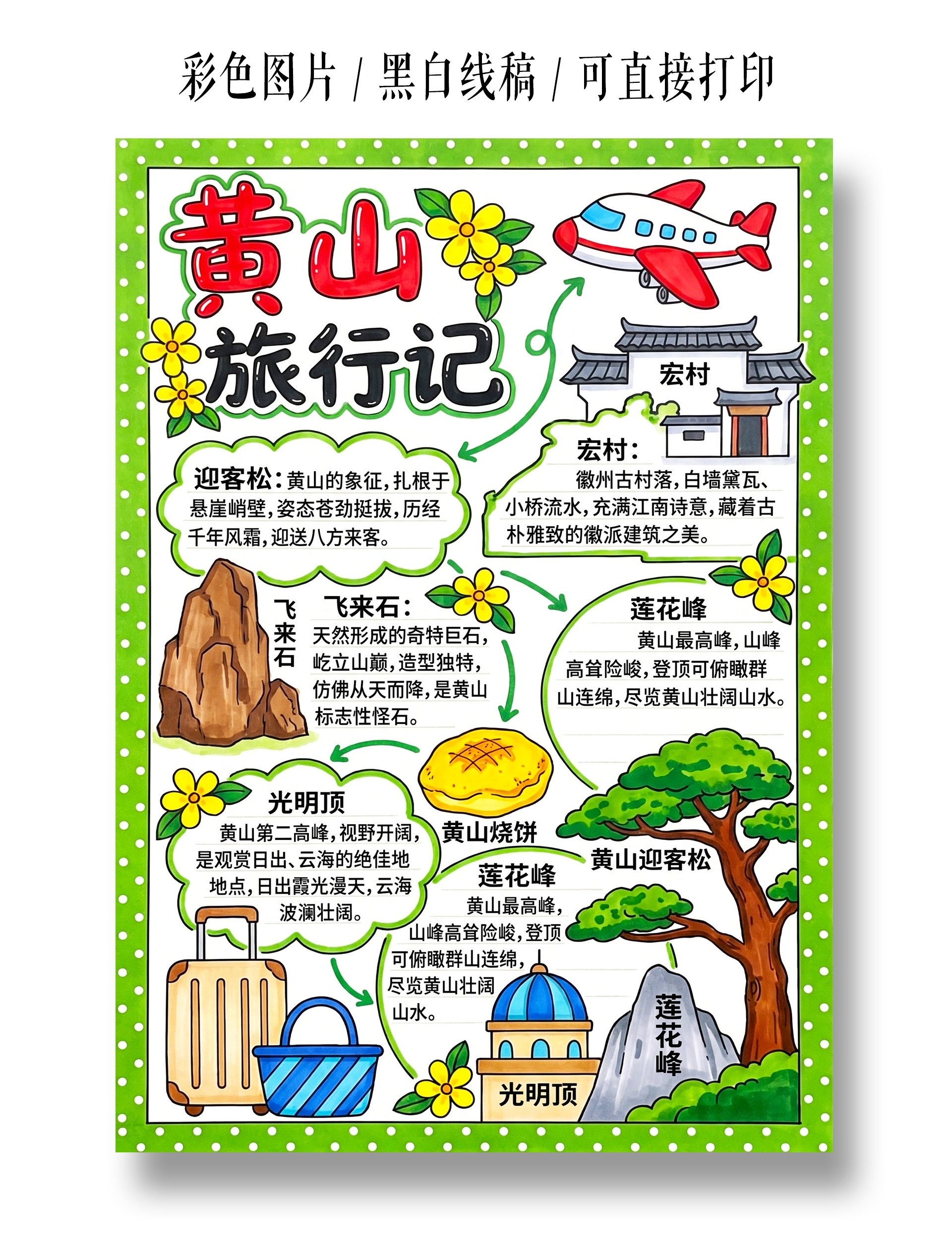 彩色卡通手绘黄山旅行记小报手抄报小学生手抄报