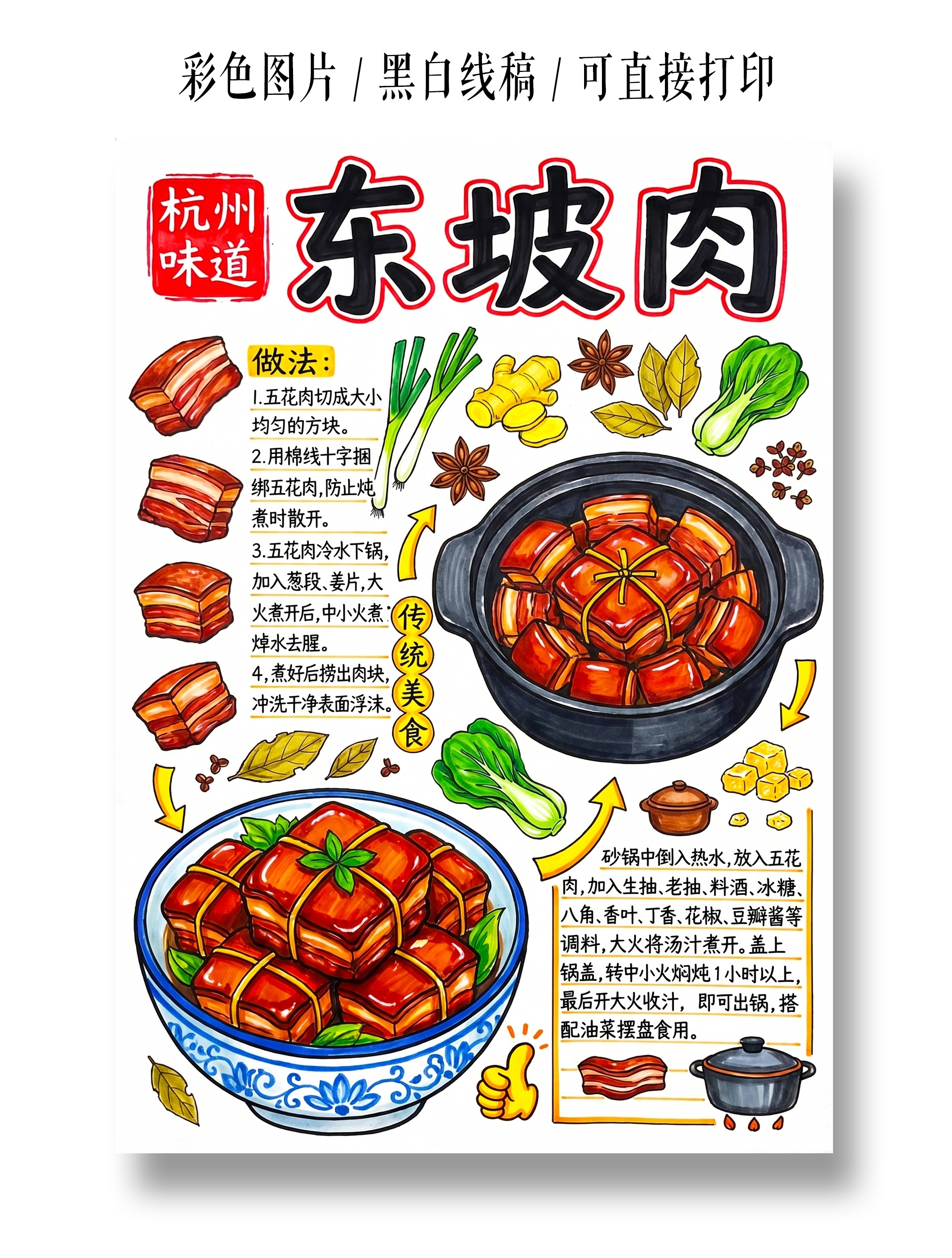 彩色卡通手绘东坡肉小报手抄报小学生手抄报