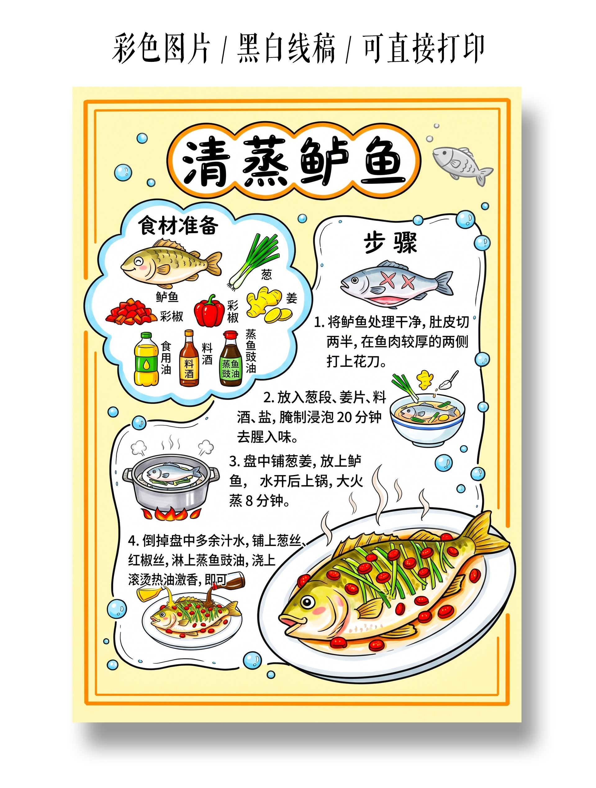 彩色卡通手绘清蒸鲈鱼小报手抄报小学生手抄报