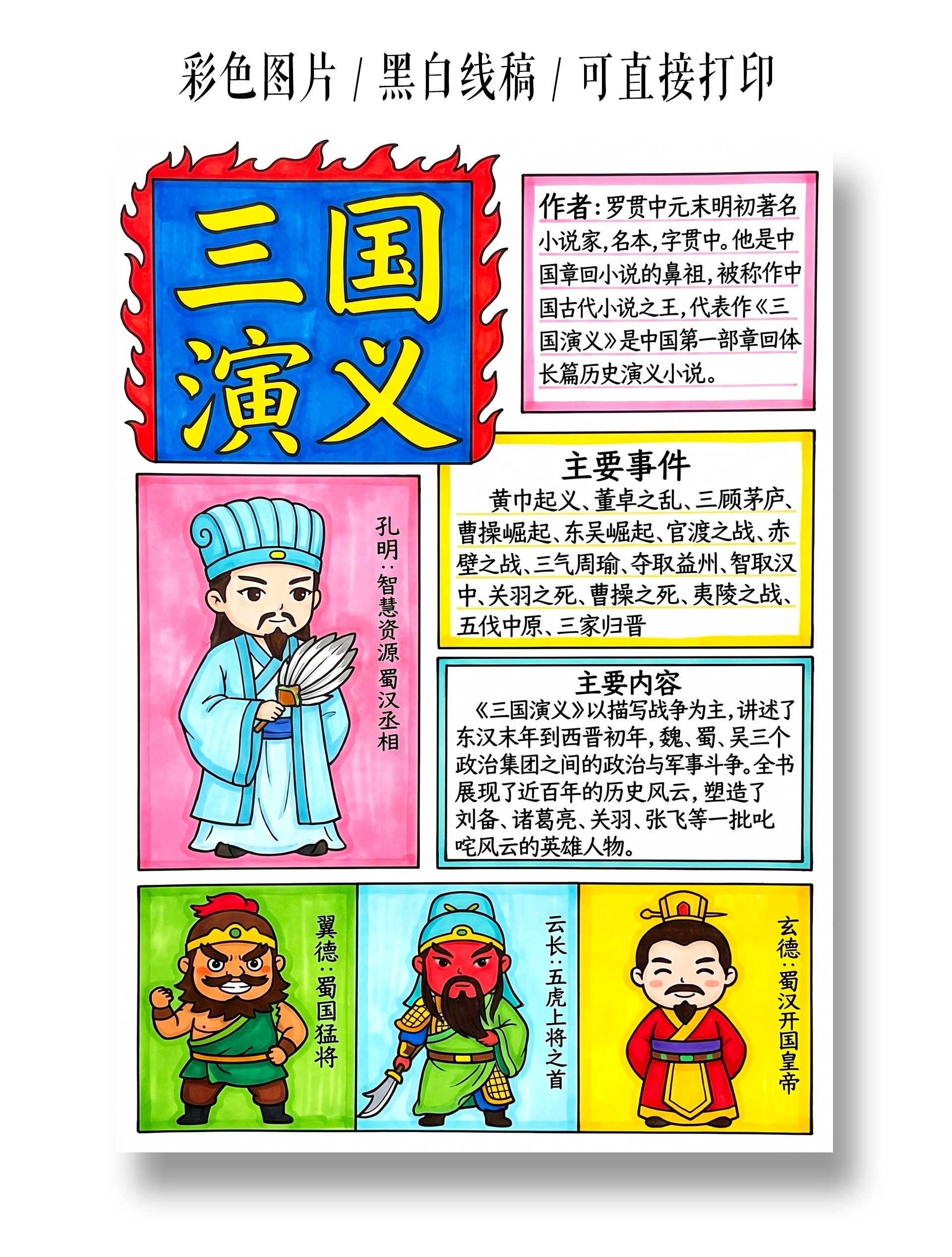 彩色卡通手绘三国演义小报手抄报小学生手抄报