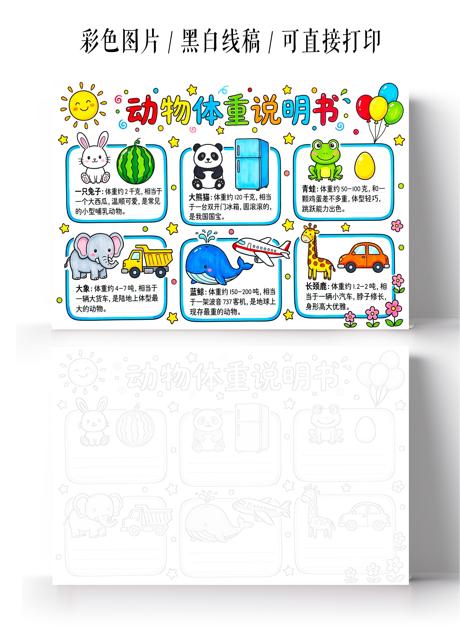 彩色卡通手绘动物体重说明书小报手抄报小学生手抄报