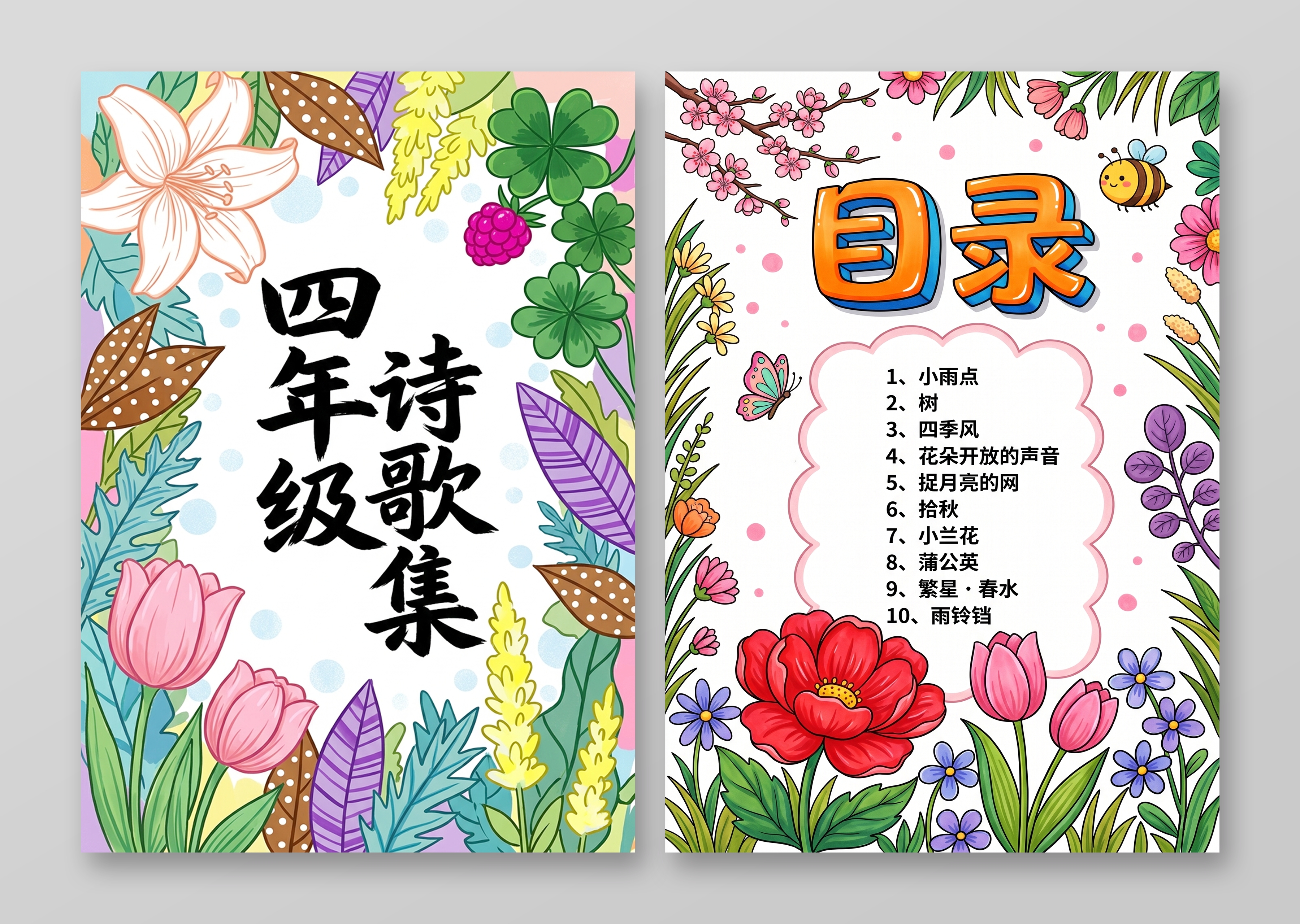 彩色卡通手绘四年级诗歌集小报手抄报小学生手抄报