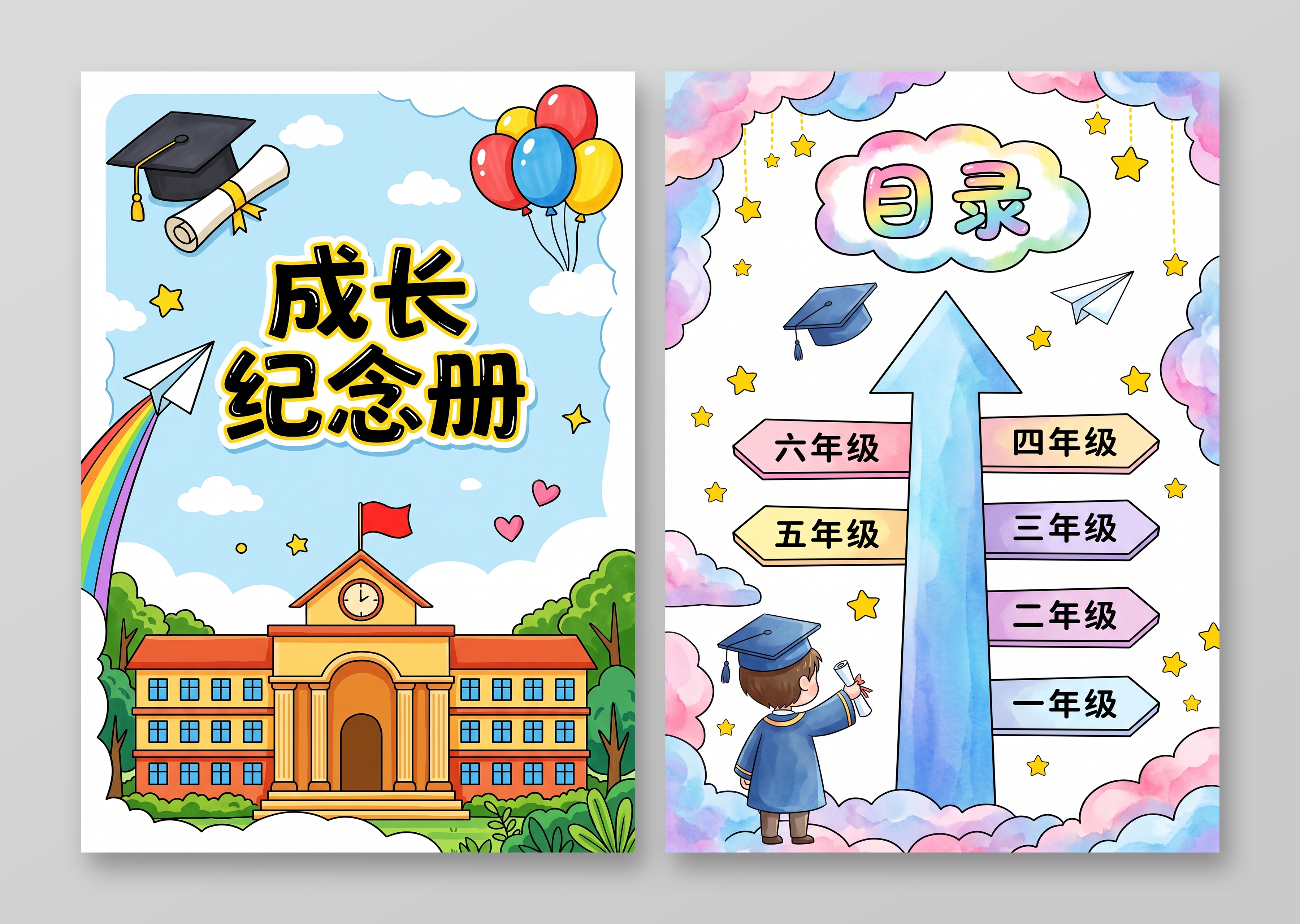 彩色卡通手绘成长纪念册小报手抄报小学生手抄报