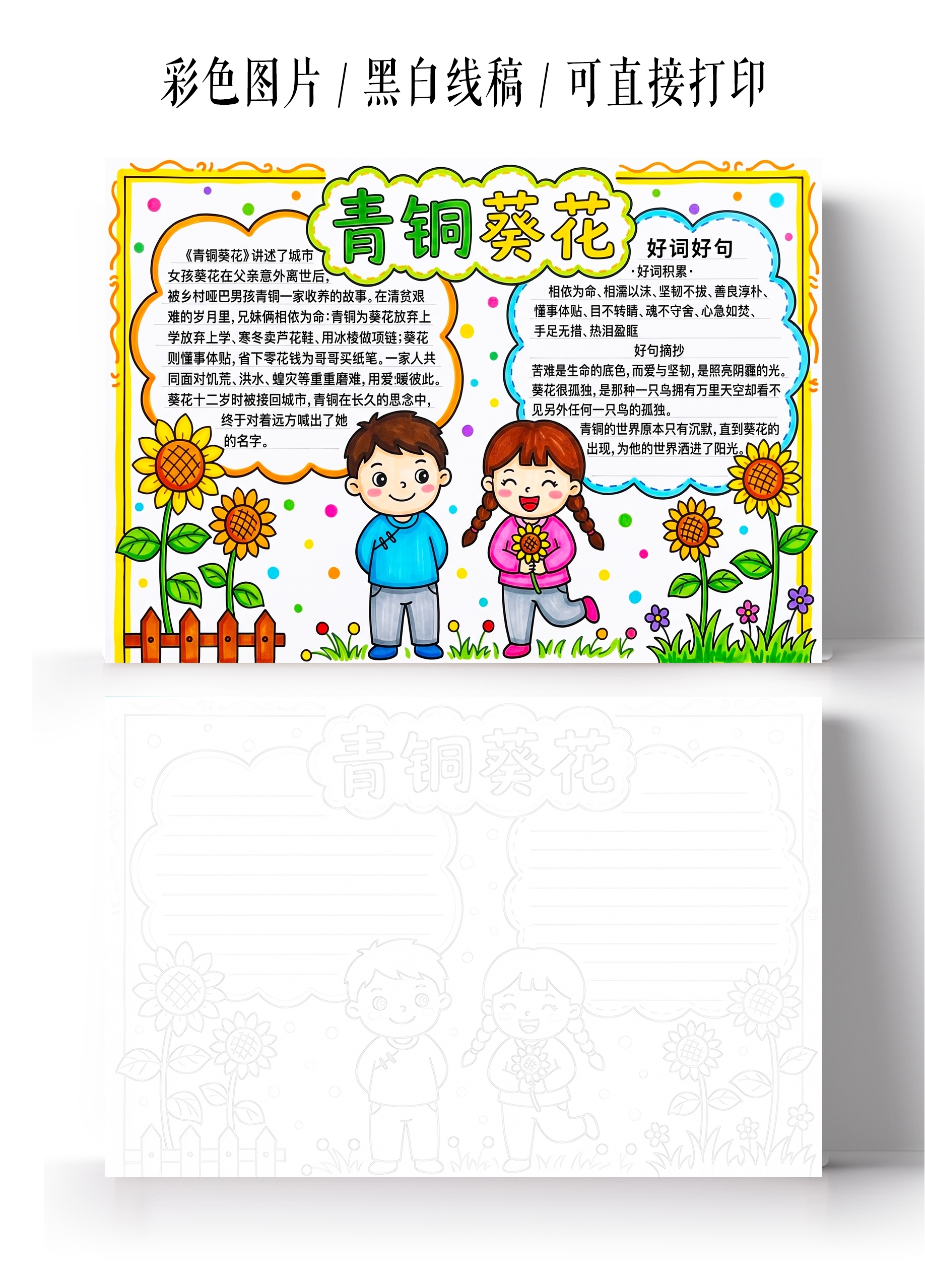 彩色卡通手绘青铜葵花小报手抄报小学生手抄报