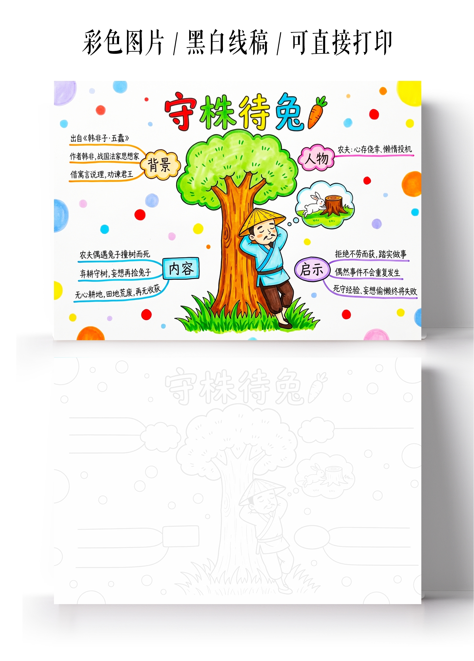 彩色卡通手绘守株待兔思维导图小报手抄报小学生手抄报