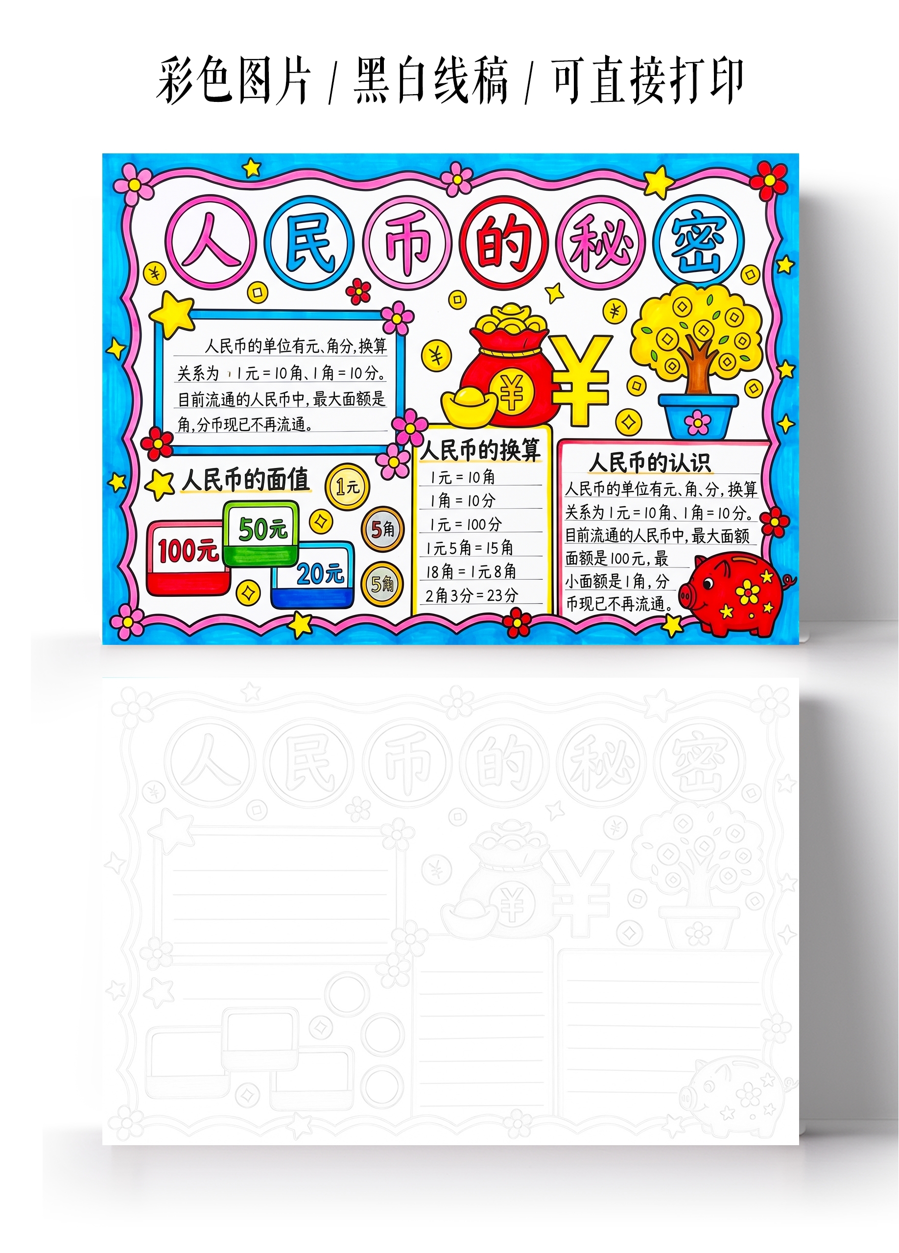 彩色卡通手绘货币小报手抄报小学生手抄报