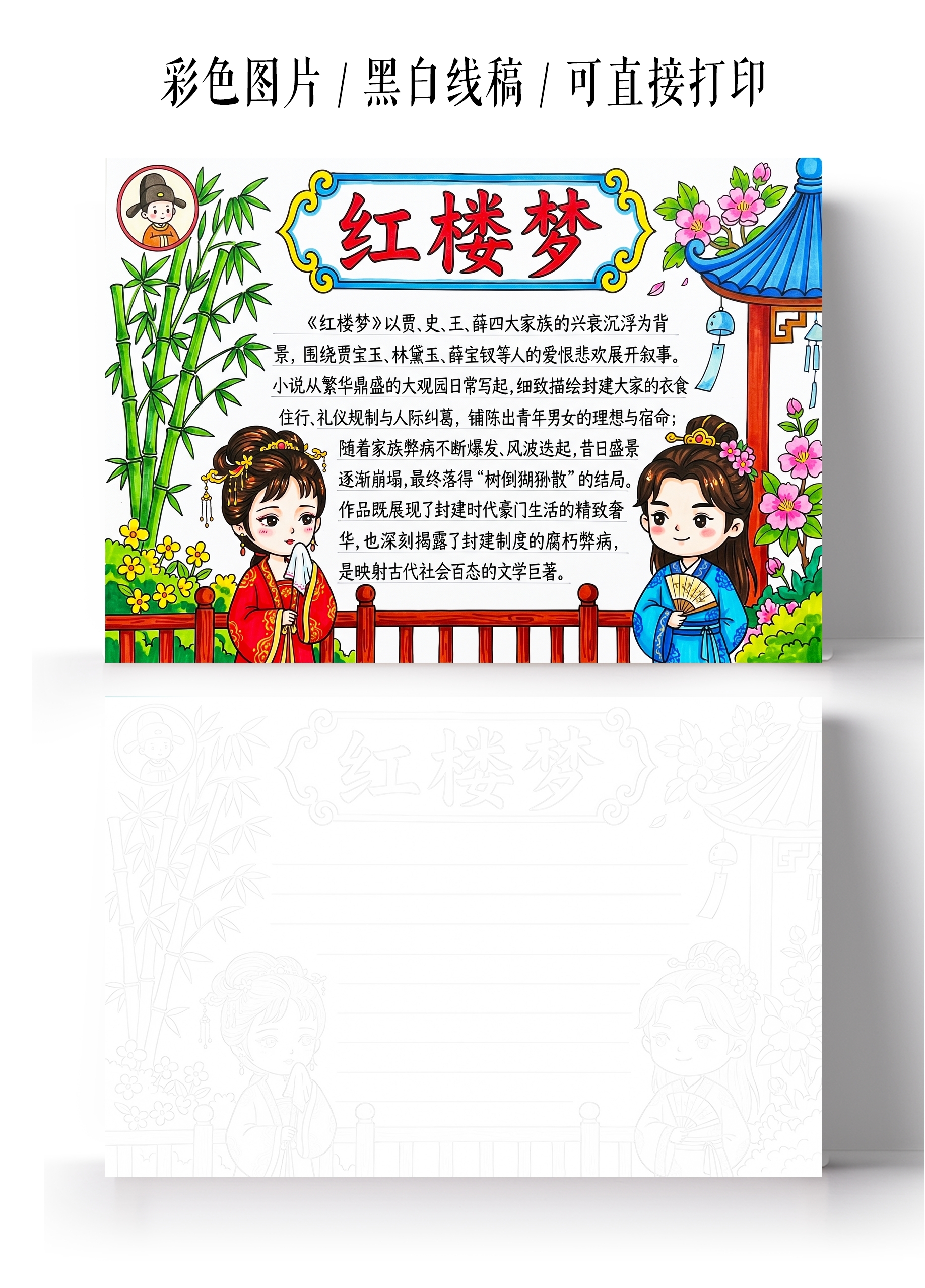 彩色卡通手绘红楼梦小报手抄报小学生手抄报