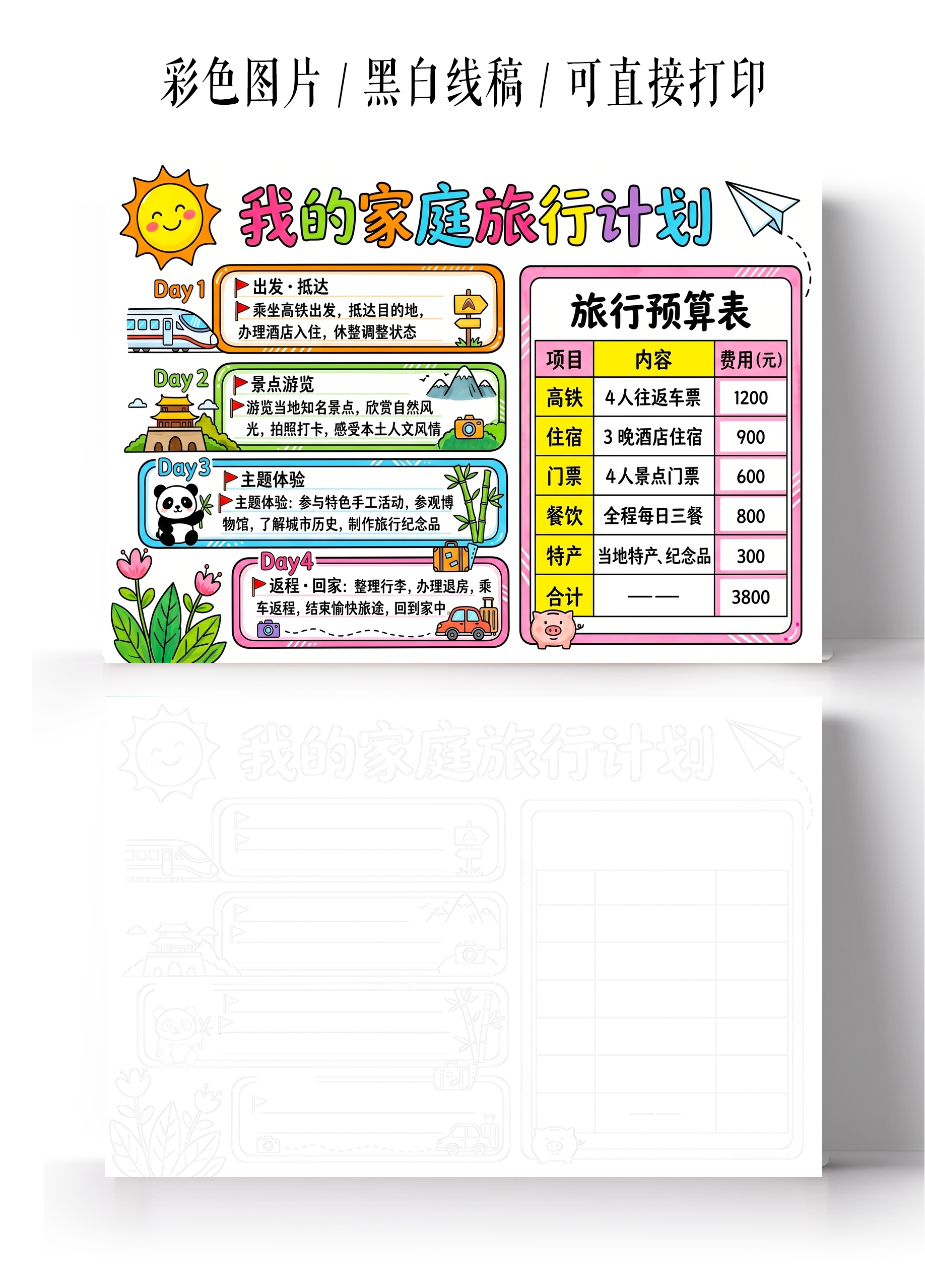 彩色卡通手绘我的家庭旅行计划小报手抄报小学生手抄报