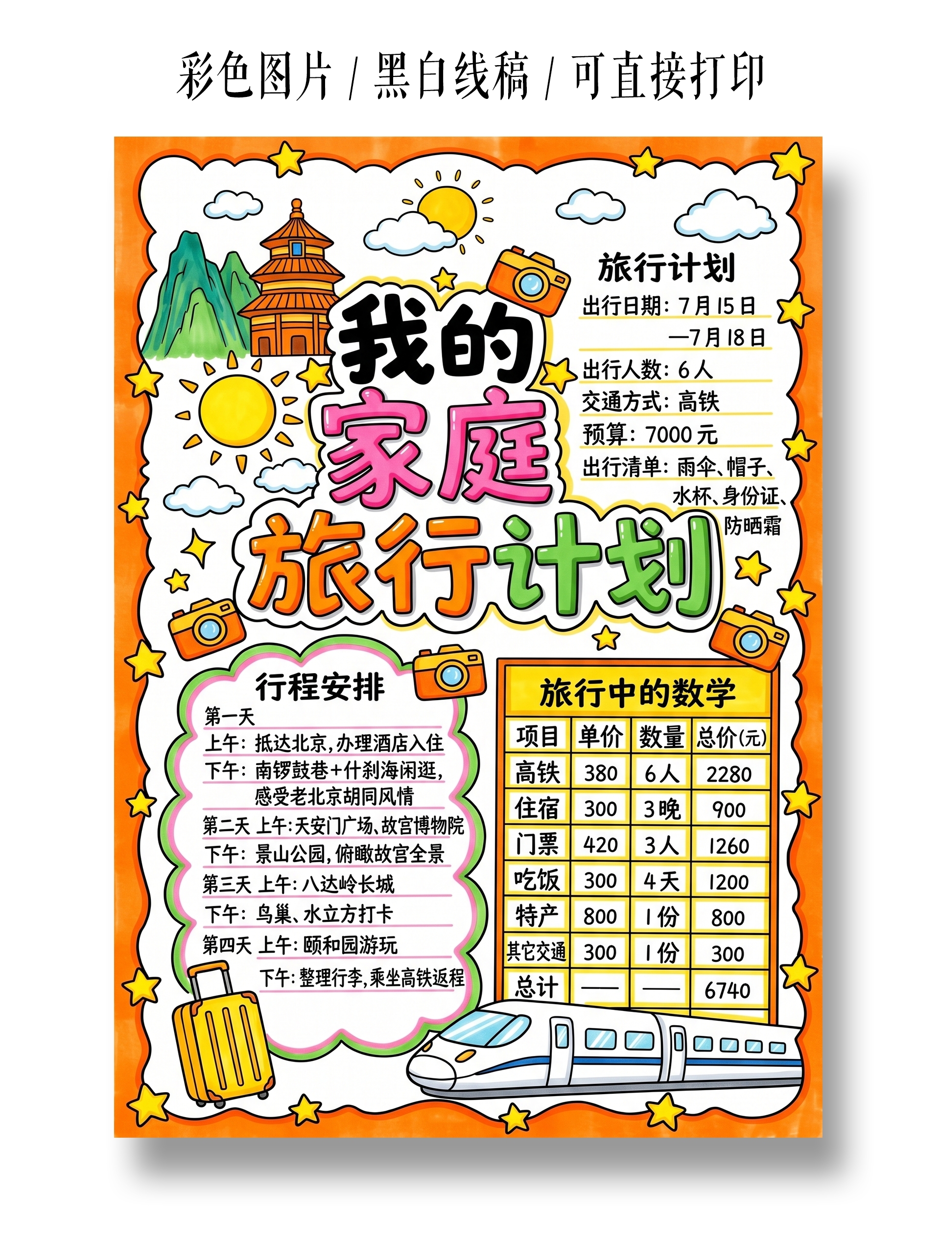 彩色卡通手绘我的家庭旅行计划小报手抄报小学生手抄报