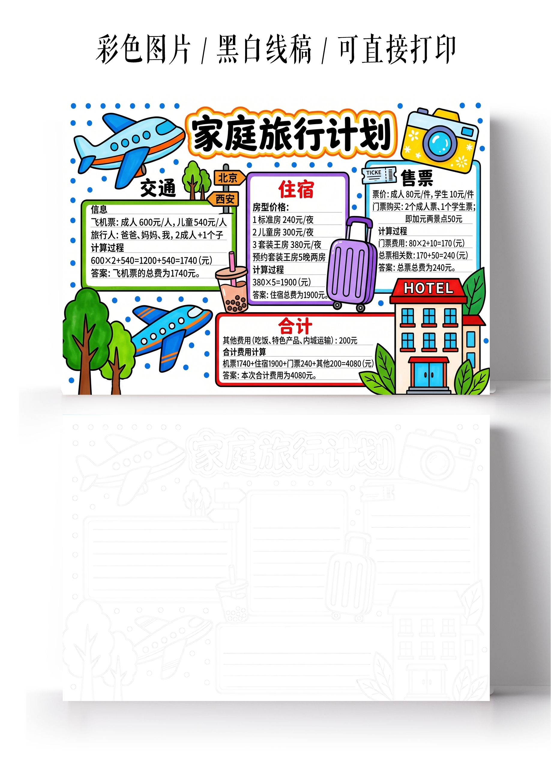 彩色卡通手绘家庭旅行计划小报手抄报小学生手抄报