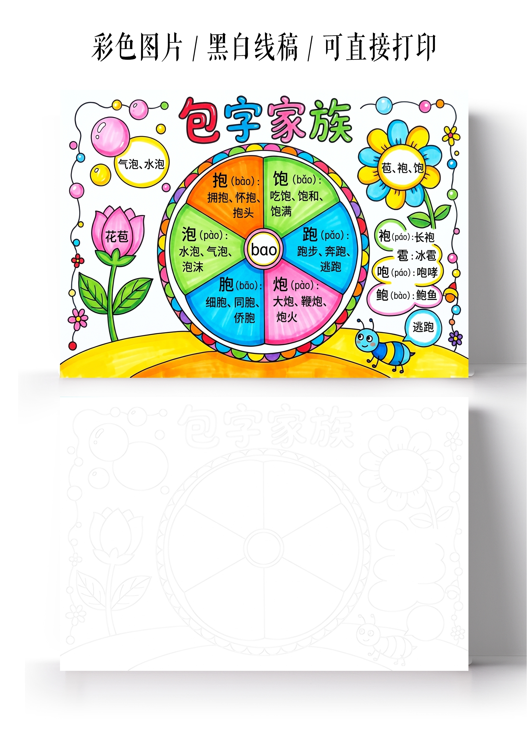 彩色卡通手绘包字家族小报手抄报小学生手抄报