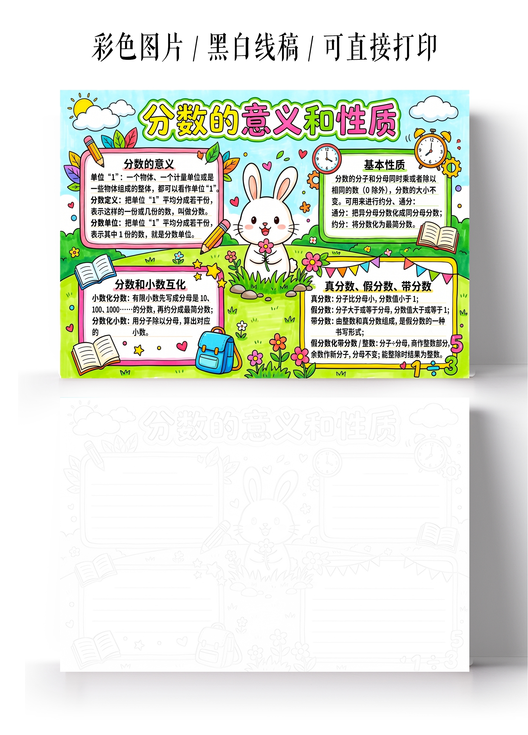 彩色卡通手绘分数的意义和性质小报手抄报小学生手抄报
