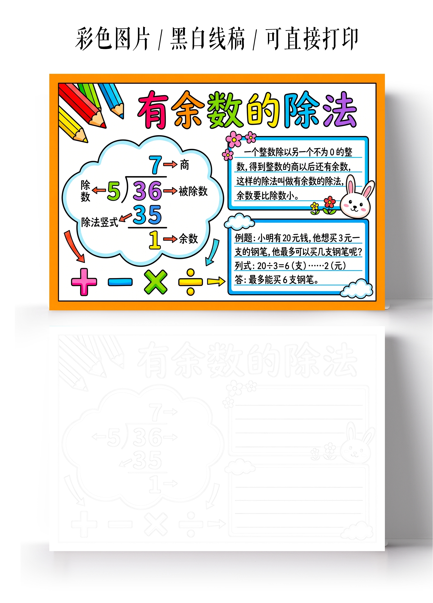 彩色卡通手绘有余数的除法小报手抄报小学生手抄报