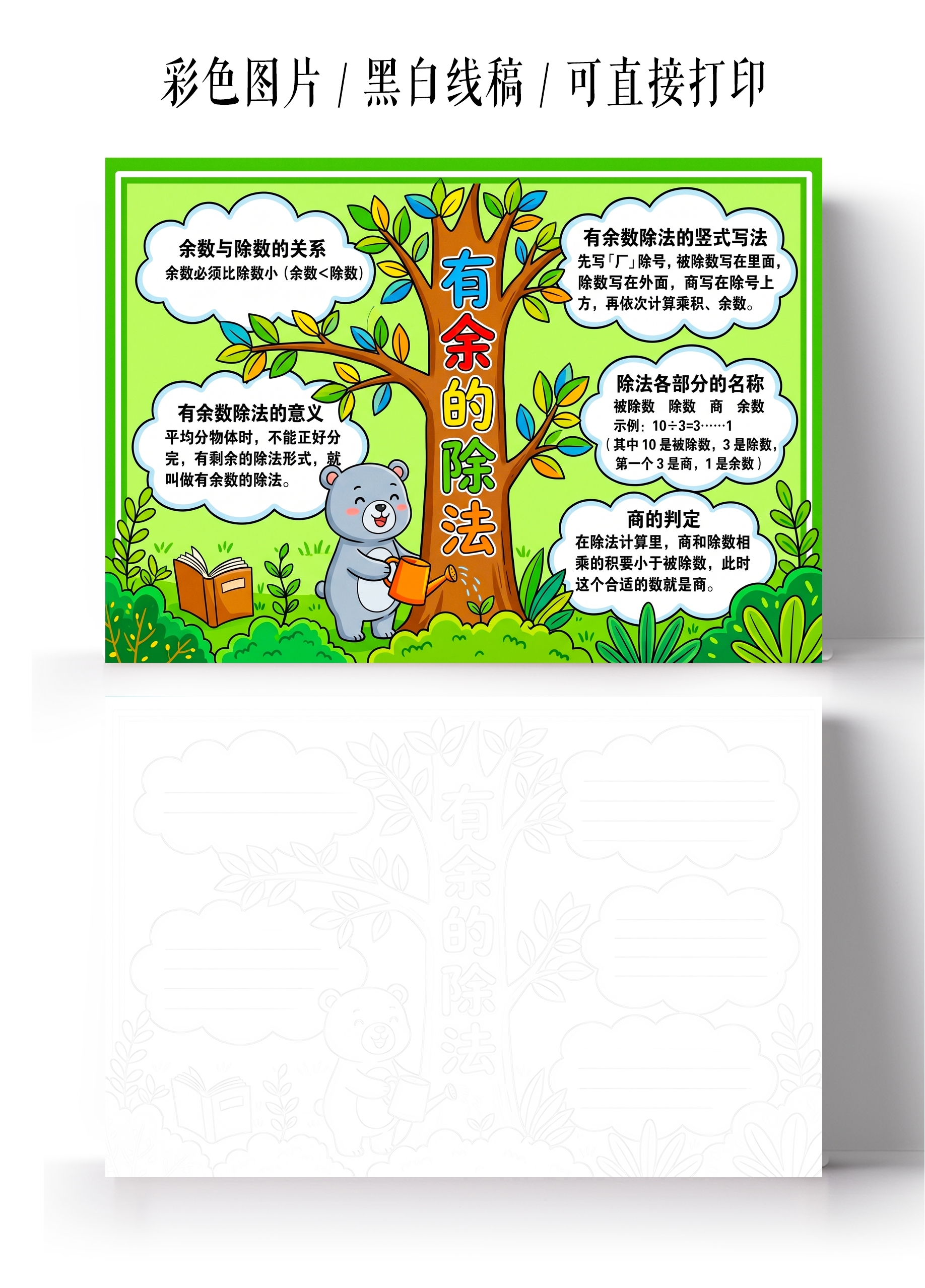 彩色卡通手绘有余数的除法小报手抄报小学生手抄报